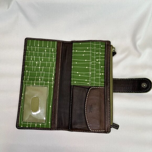 Share Vintage FOSSIL Brown Soft Leather Bifold Wallet Green Lining Snap & Zip CL - Picture 12 of 13